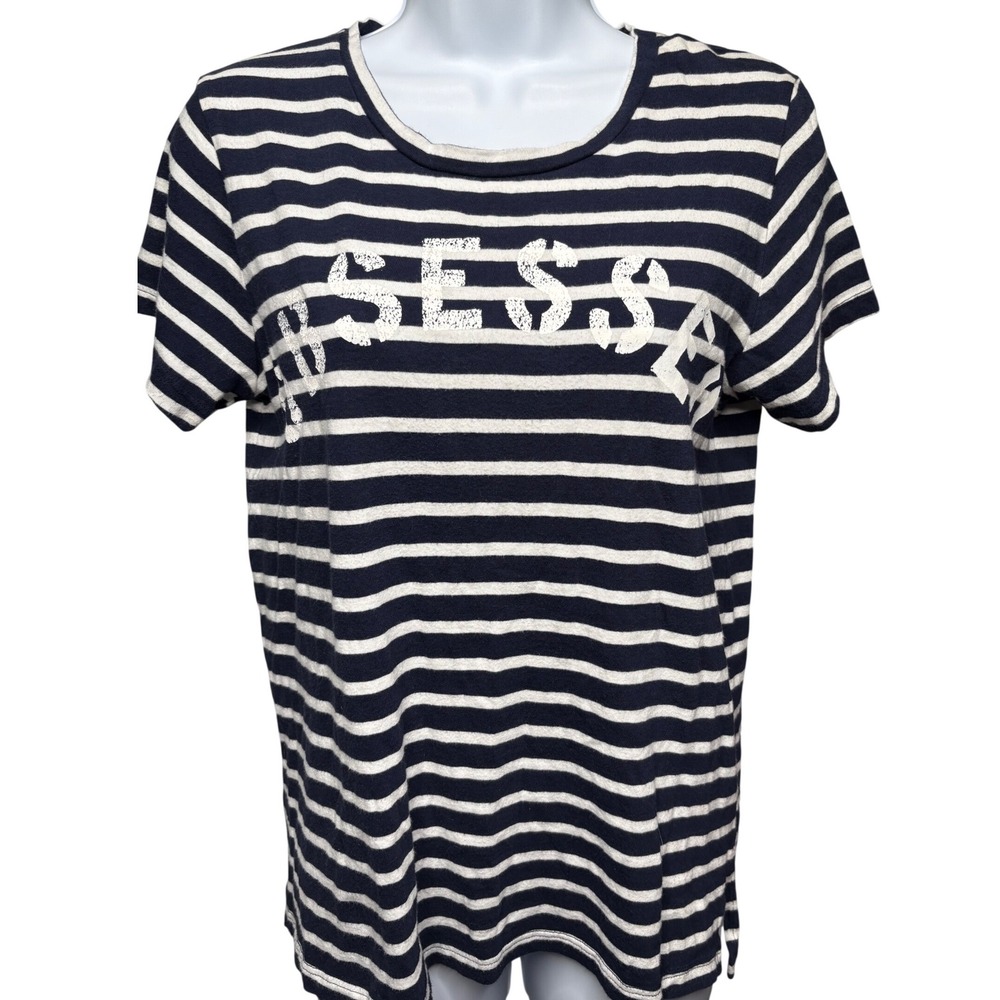 SUNDRY Womens Blue Striped Obsessed Graphic Short Sleeve T-Shirt Sz 1/S Nautical